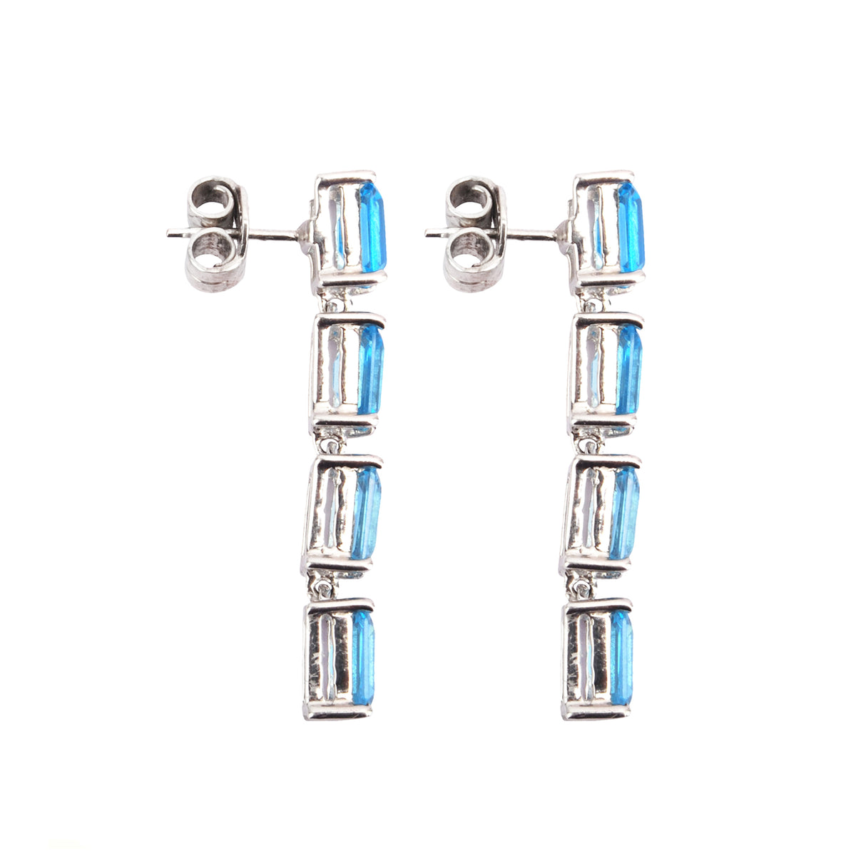 4 equal size emerald cut blue topaz silver earrings