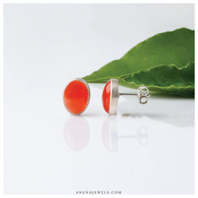 carnelian earrings silver side profile 15mm oval stud