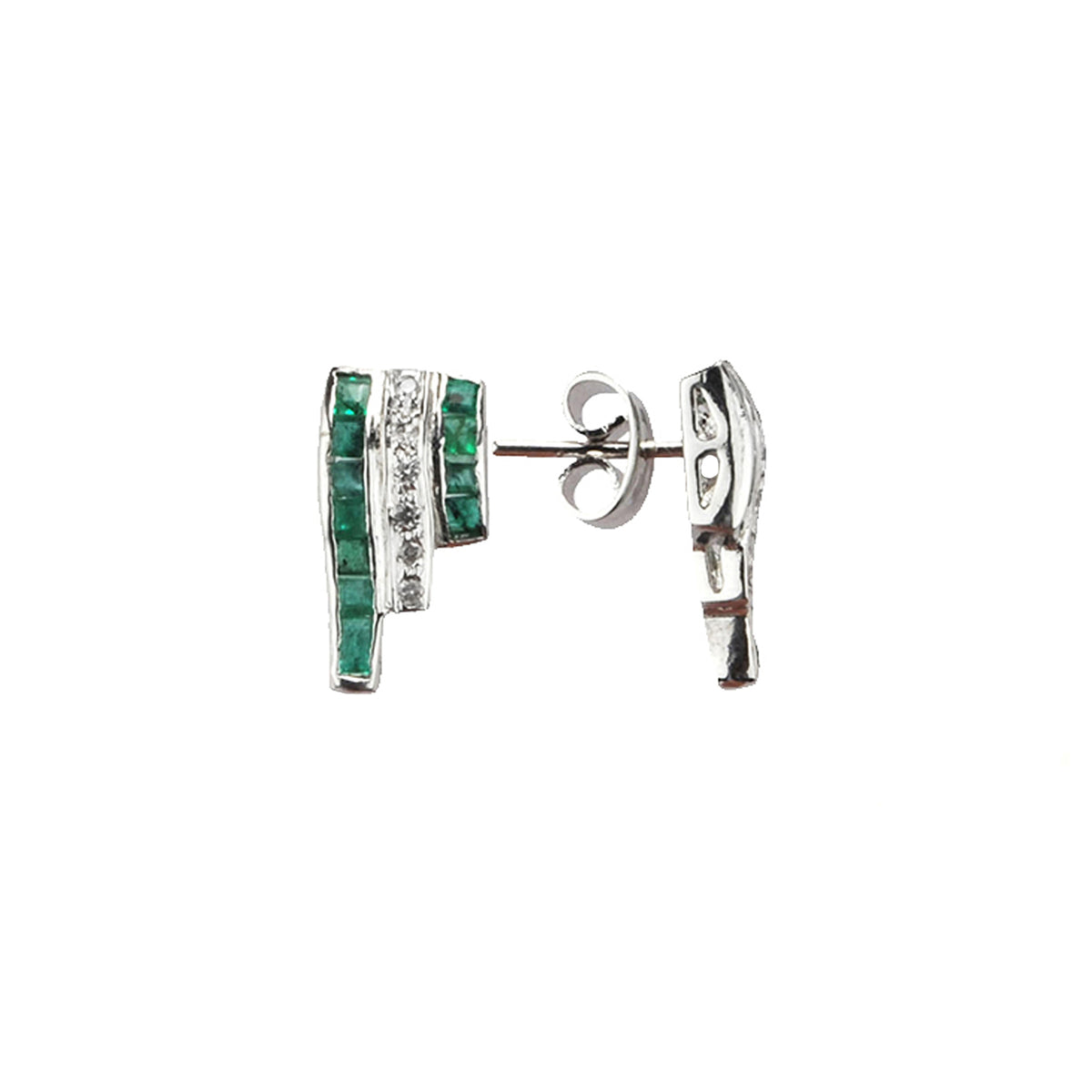 silver earrings with 3 ascending rows of emeralds and diaomnds