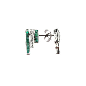silver earrings with 3 ascending rows of emeralds and diaomnds