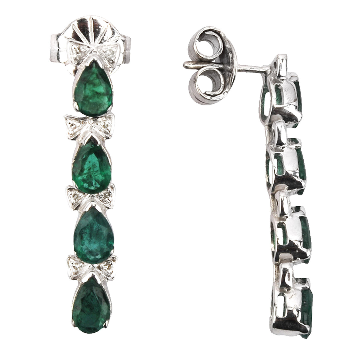 Pear cut emerald and diamond silver earrings