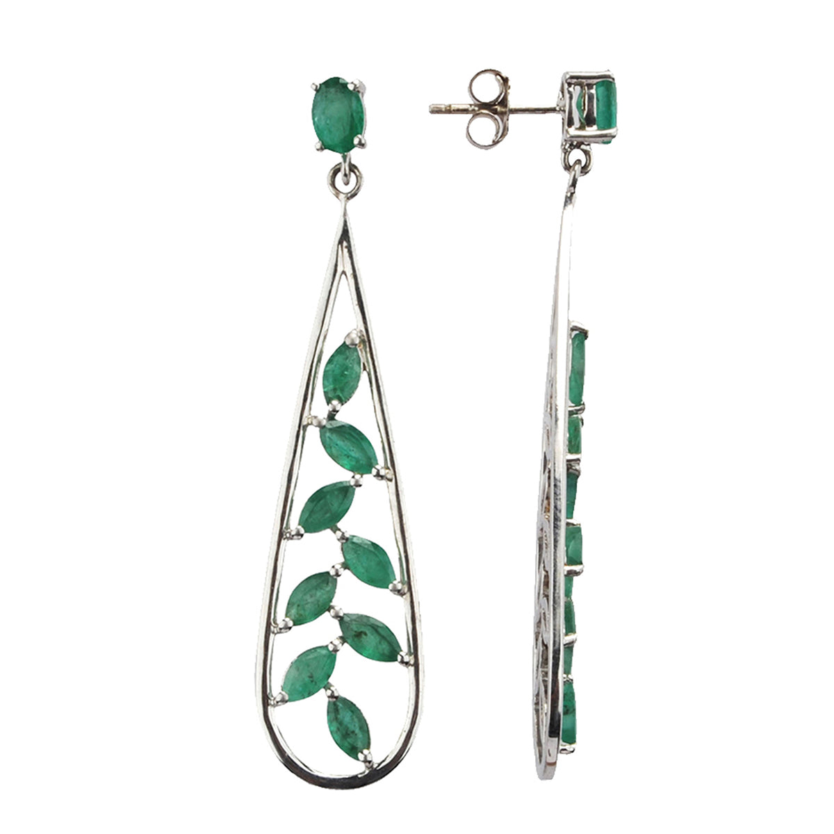 Silver long earrings with marquise emeralds hanging from oval emerald studs