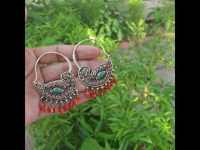 Peacock Turquoise and Coral Boho Sterling 925 Silver Earrings