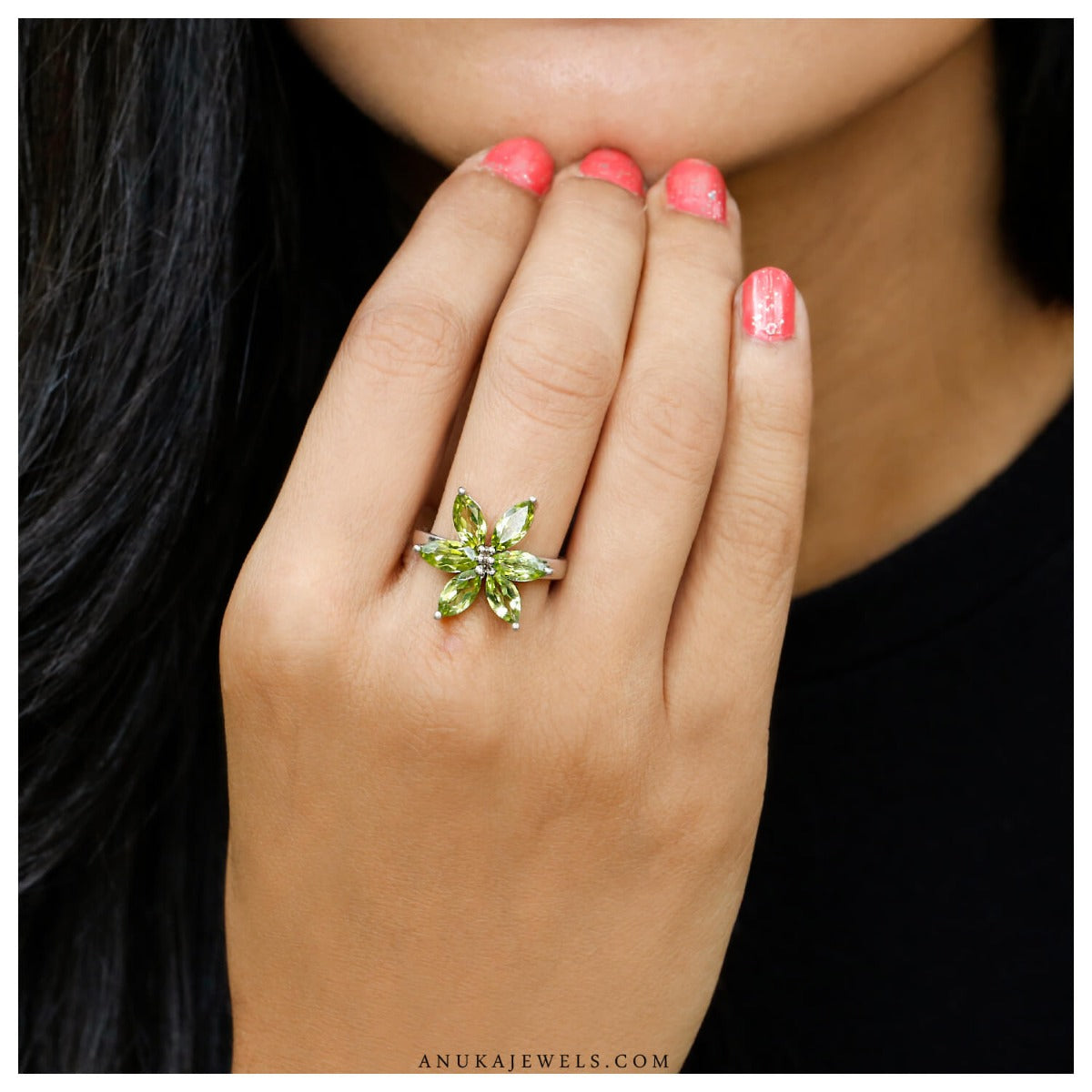 buy silver ring, sterling silver ring, buy peridot ring, peridot jewelry, green ring, flower ring