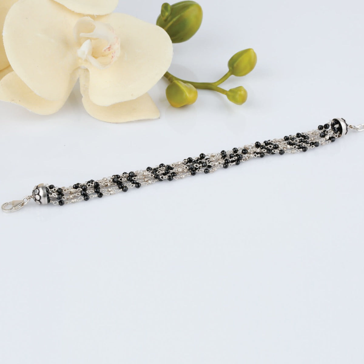 Black onyx beads silver bracelet
