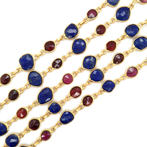 lapis and garnet bracelet bezel set gold chain detail
