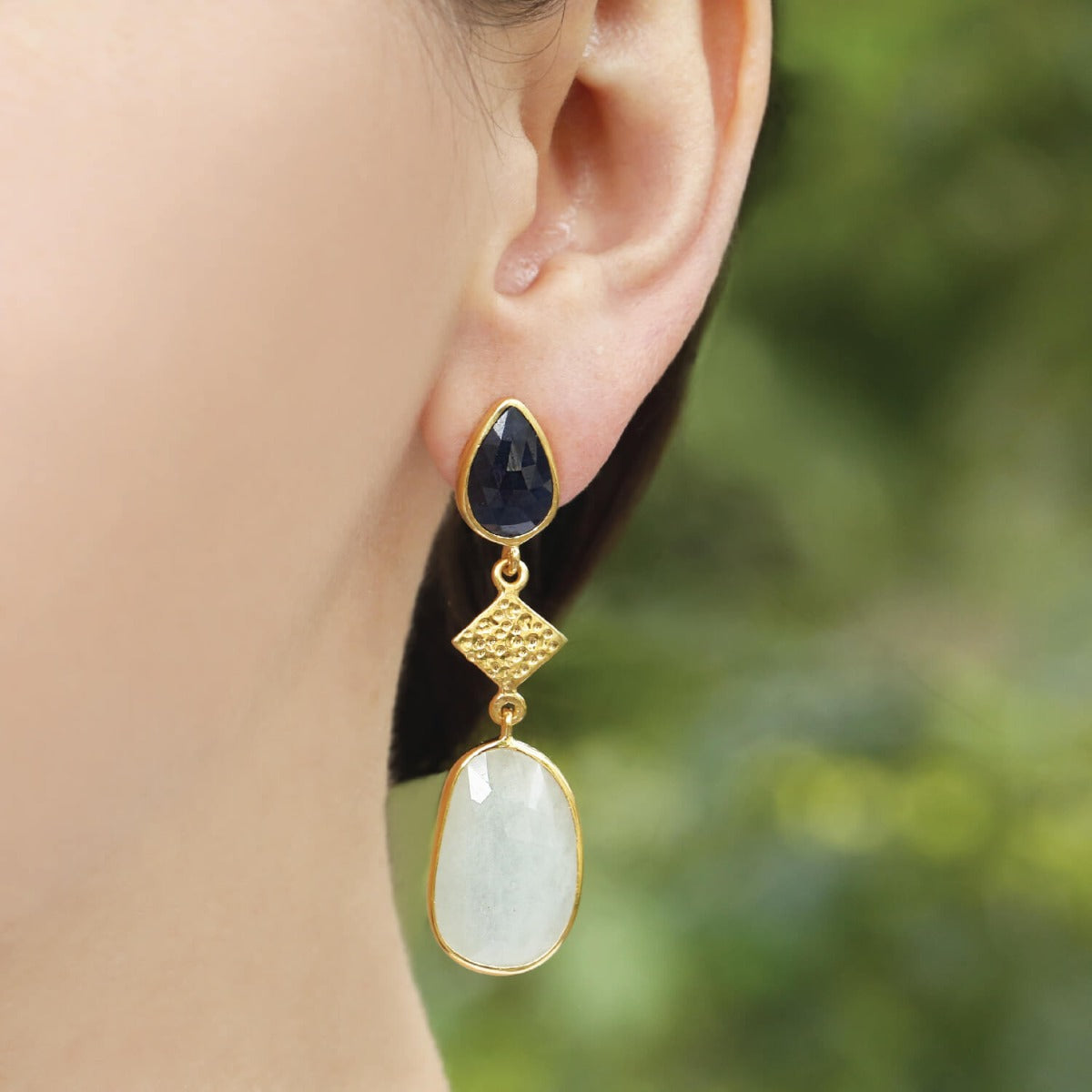 Gold plated yellow and blue sapphire teardrop earrings