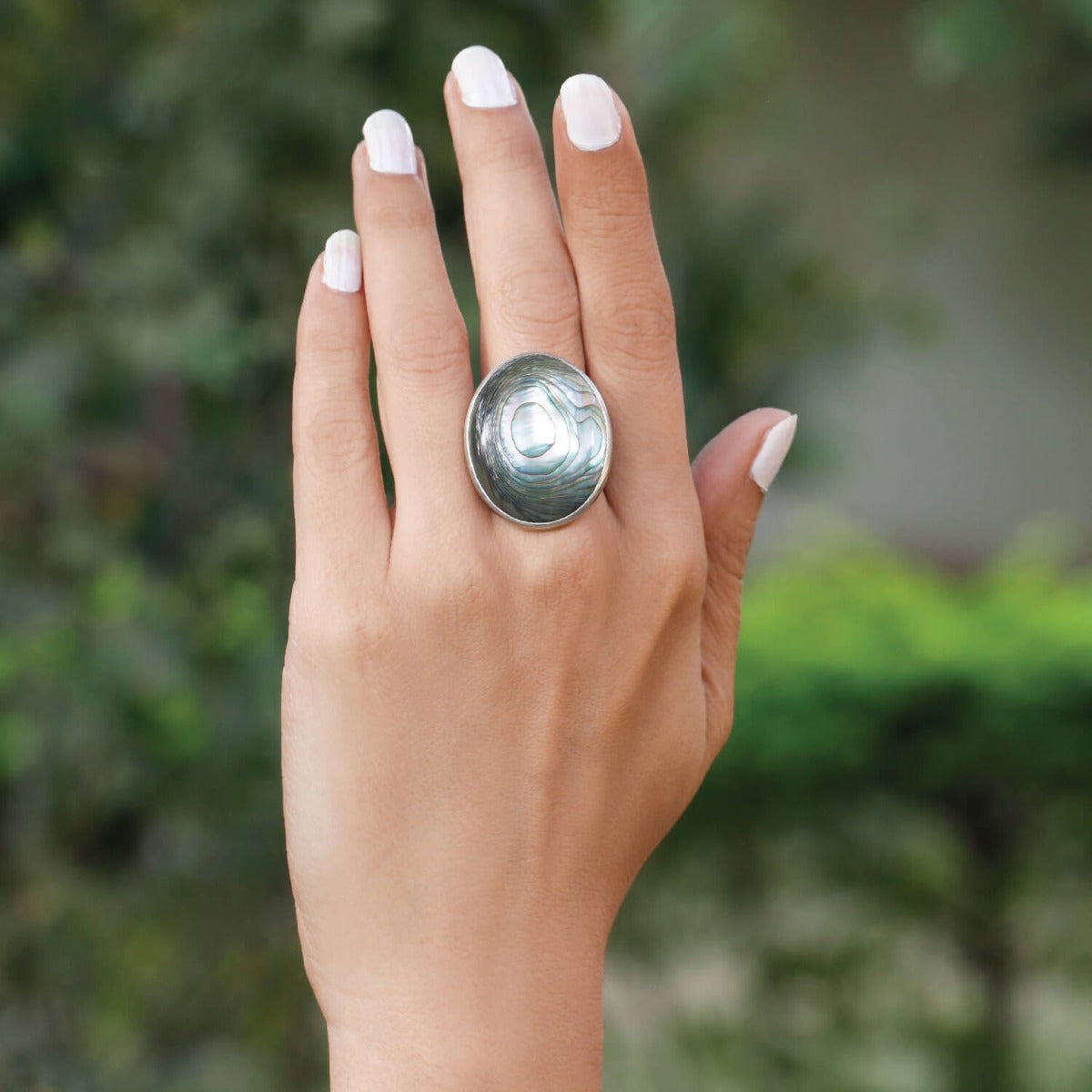 Round abalone sterling silver ring