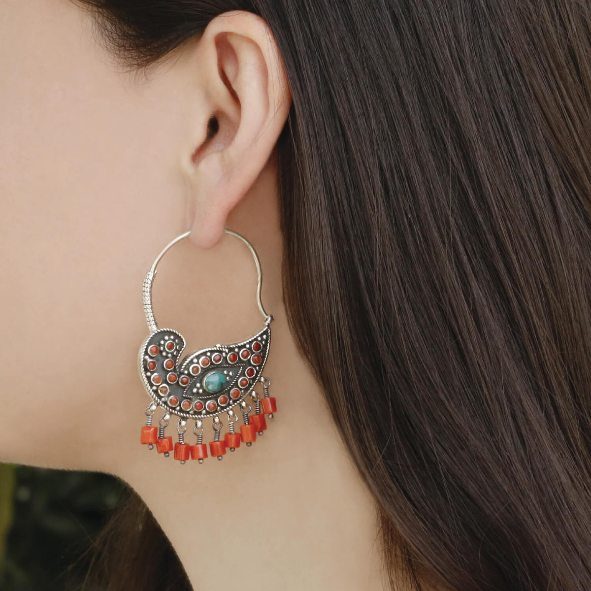 Peacock Turquoise and Coral Boho Sterling 925 Silver Earrings