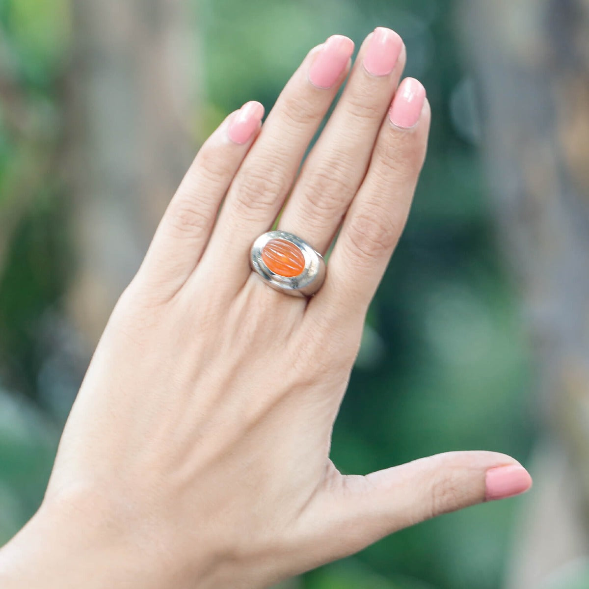 Oval shape ring, carnelian ring, sterling silver ring, gemstone ring, shiny ring, orange ring, red ring 