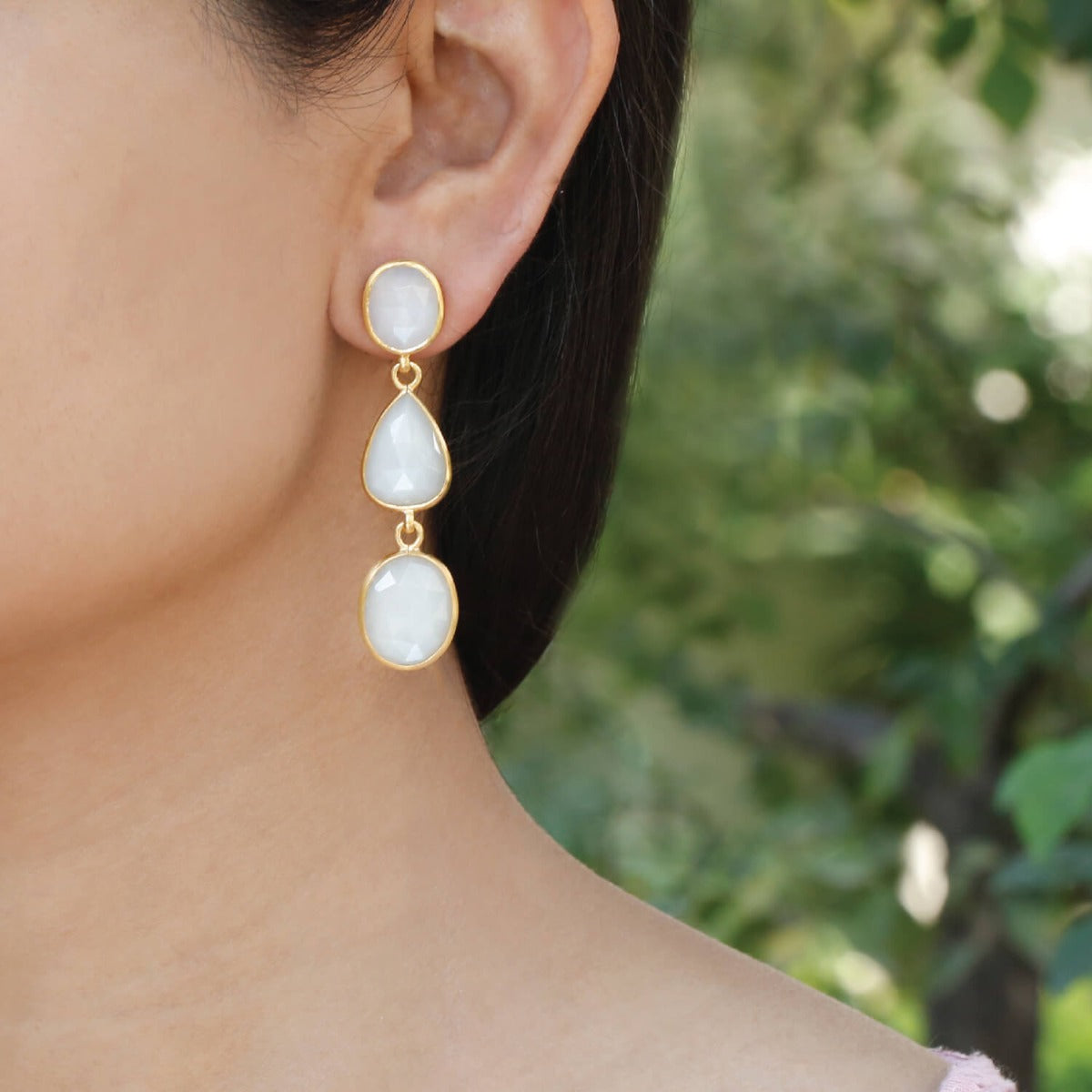 Beauteous Moonstone mix shaped gold plated silver earrings
