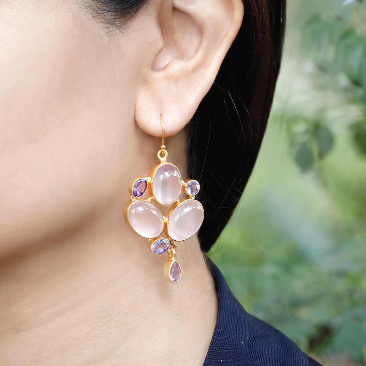 Entrancing rose quartz & amethyst gold plated silver earrings