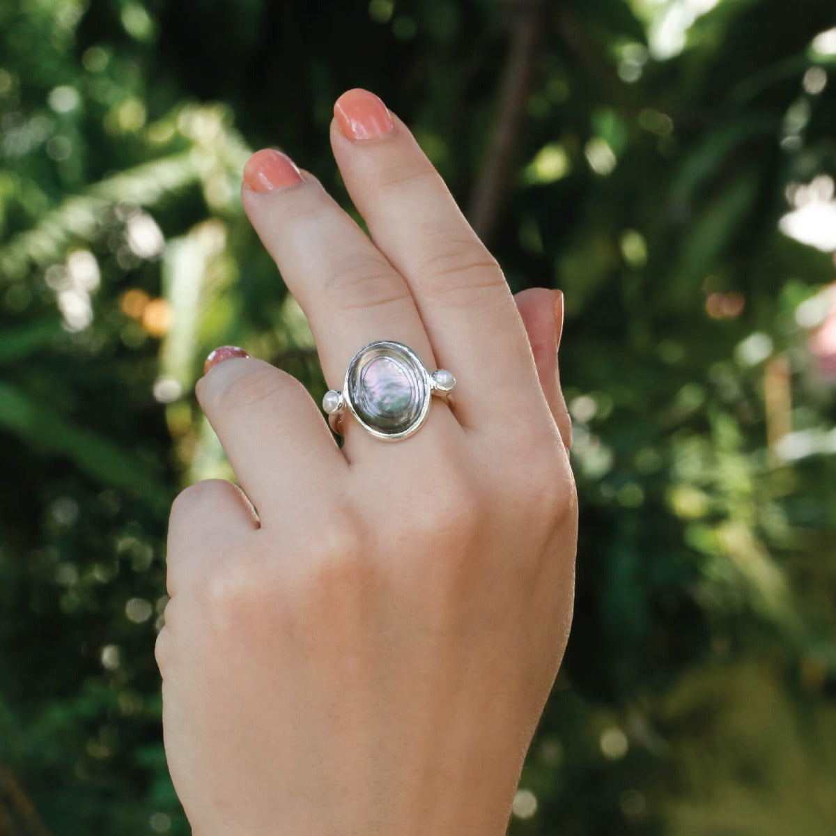 Bezel set abalone & pearl silver ring