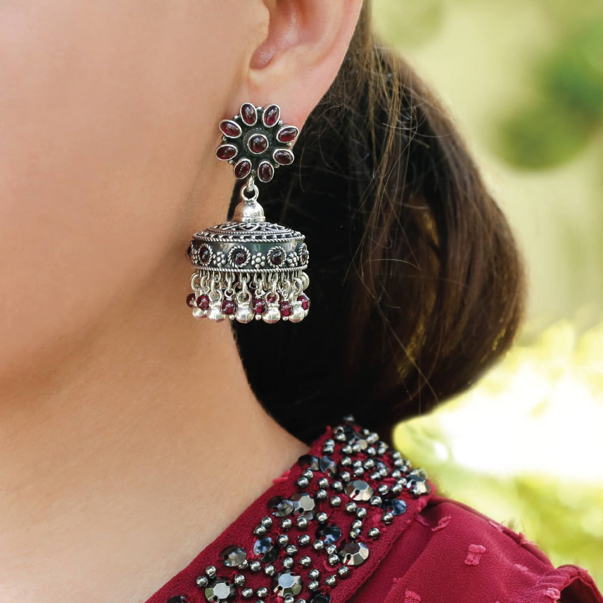 silver earrings, oxidized earrings, sterling silver earrings, buy ring earrings, traditional earrings, buy silver earrings, traditional earrings, festive earrings,  jhumkas, oxidized jhumkas, silver jhumkas, garnet jhumkas