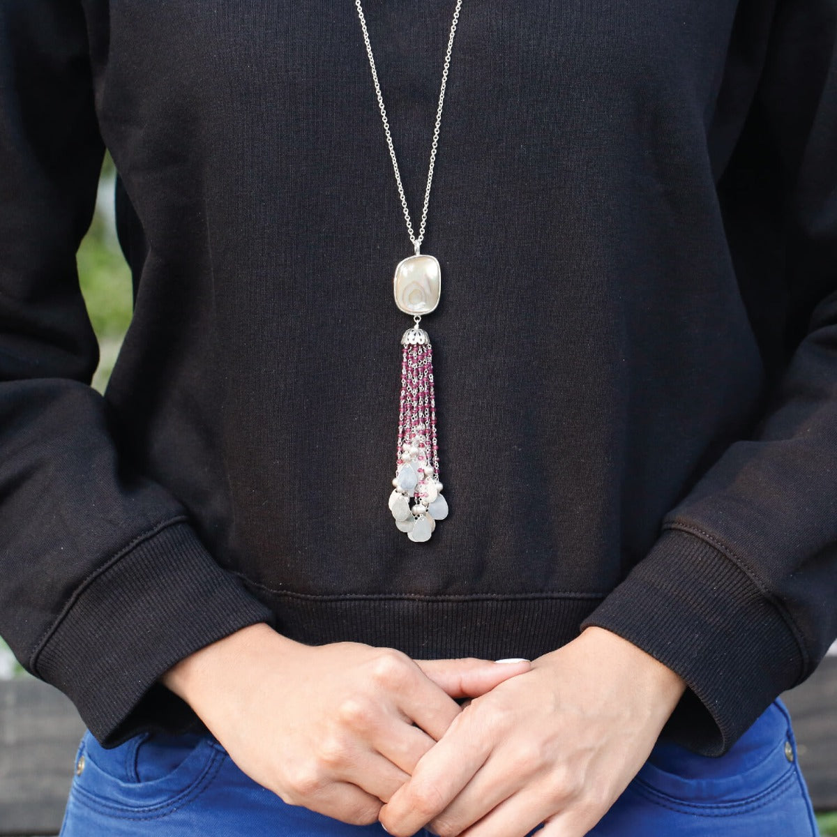 Abalone and Silver 925 Necklace with Garnet Tassel