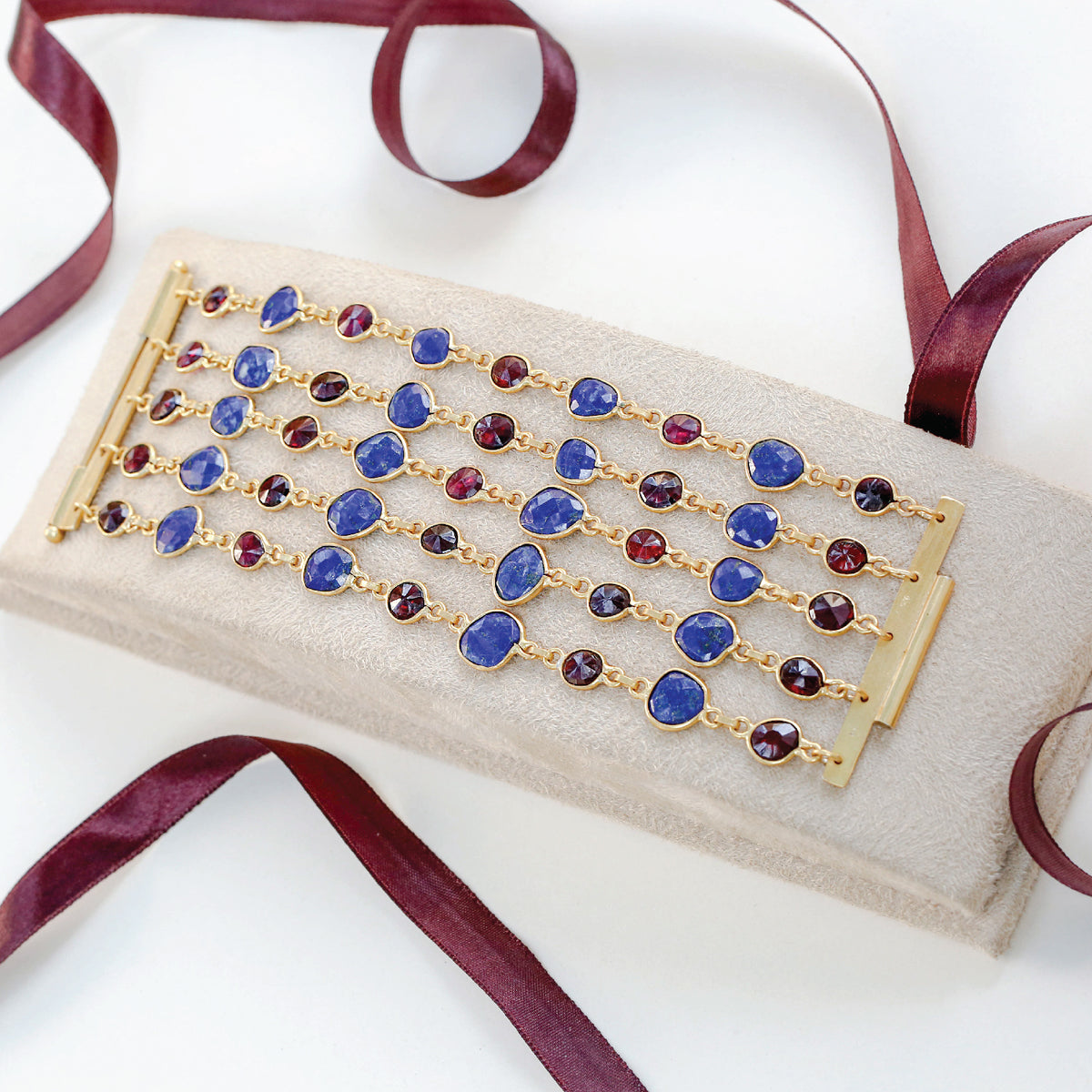 multi strand lapis garnet bracelet 18k gold plated