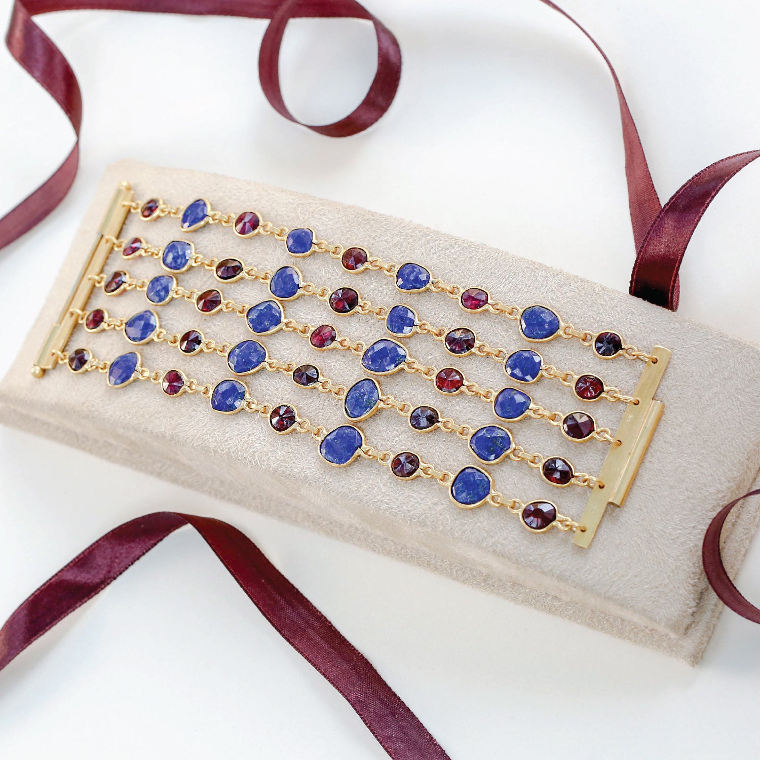 multi strand lapis garnet bracelet 18k gold plated