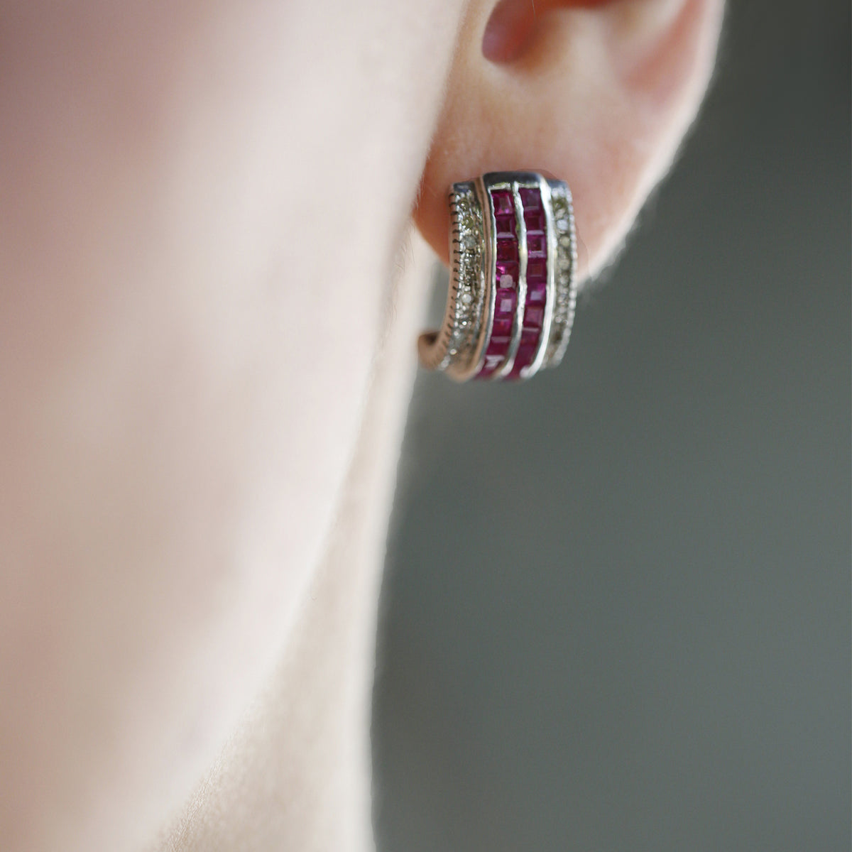 Silver Earrings with Ruby and Diamond Rectangle