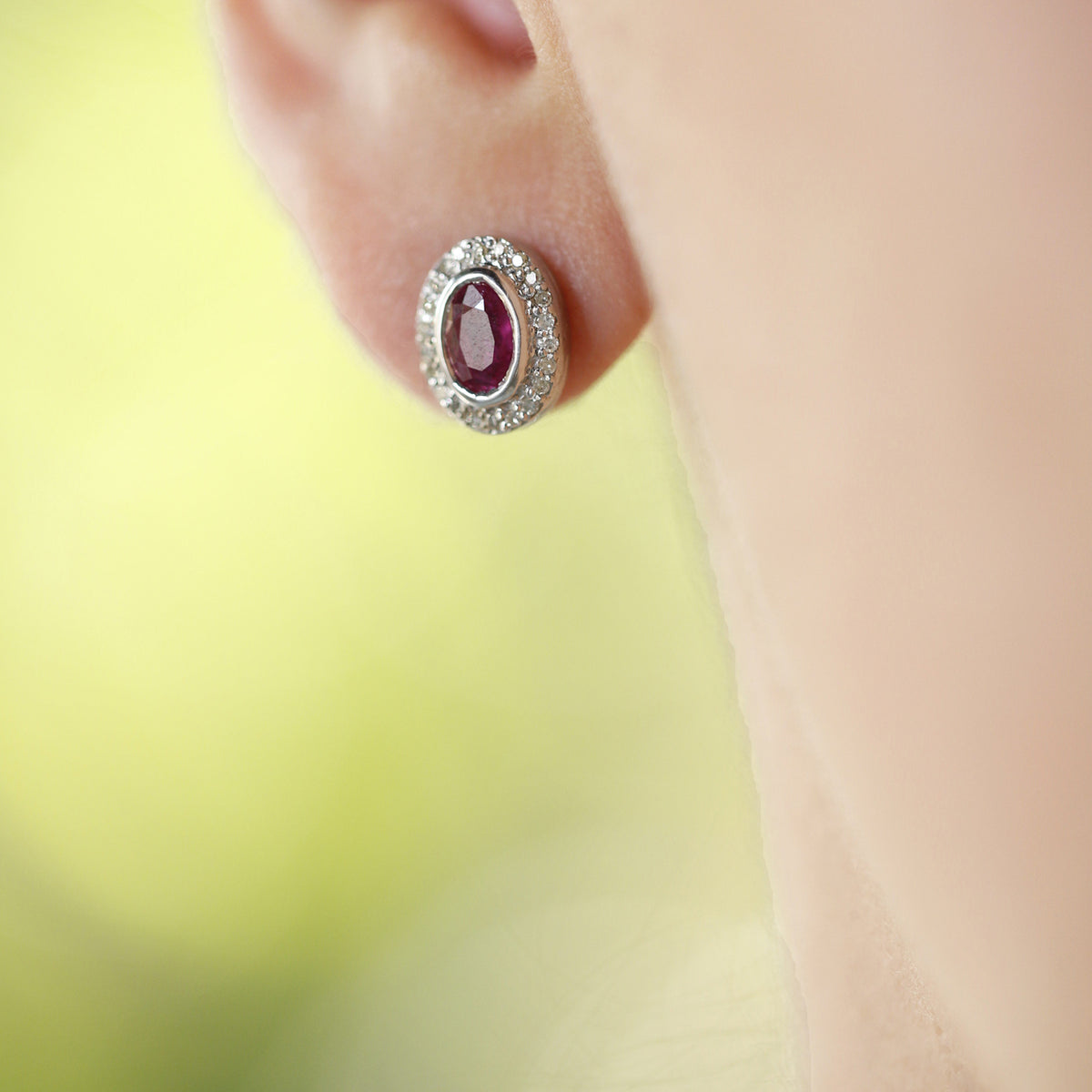 Silver Earrings with Oval Ruby and Diamond