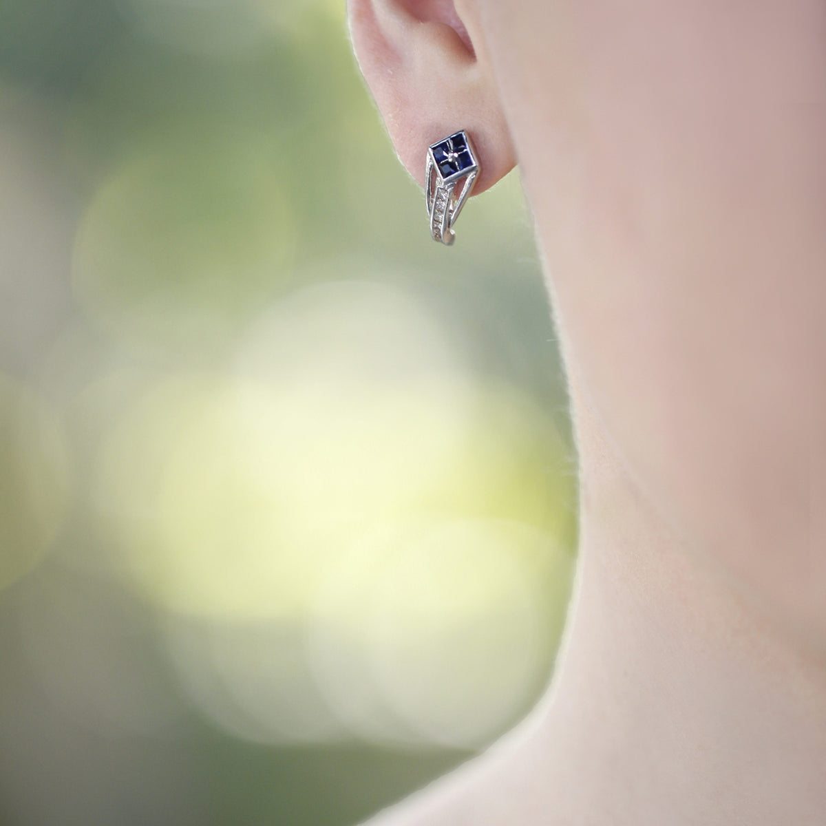 Silver Earrings with Diamonds and Princess cut Blue Sapphire