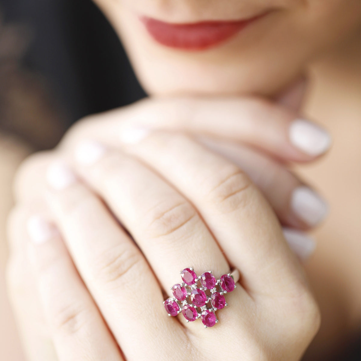 Silver Ring Cocktail with Rhombus Ruby,Silver Ring Tennis style with Ruby, diamond ring, ruby ring, silver ring, sterling silver ring, party ring, fashionable ring, trendy ring, chic ring, flower ring, pink ring, rhombus shape ring