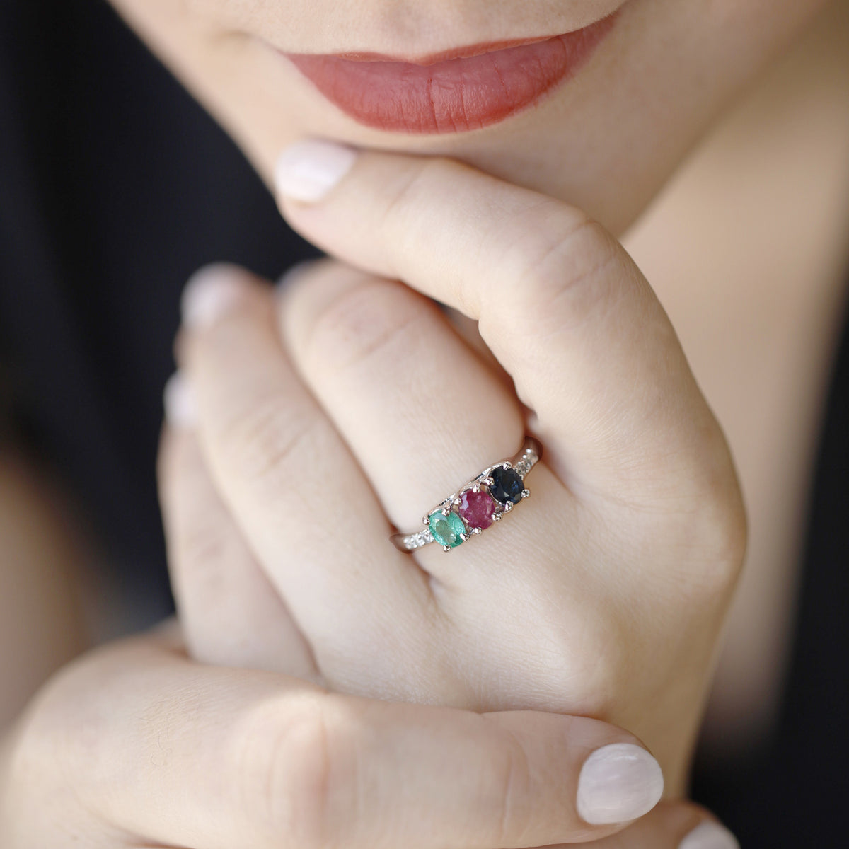 Silver Ring with Emerald Ruby Sapphire and Diamonds, silver ring, sterling silver ring, sapphire ring, diamond ring, emerald ring, 3 color ring, 3 stone ring, chic ring, fashionable ring, stylish ring