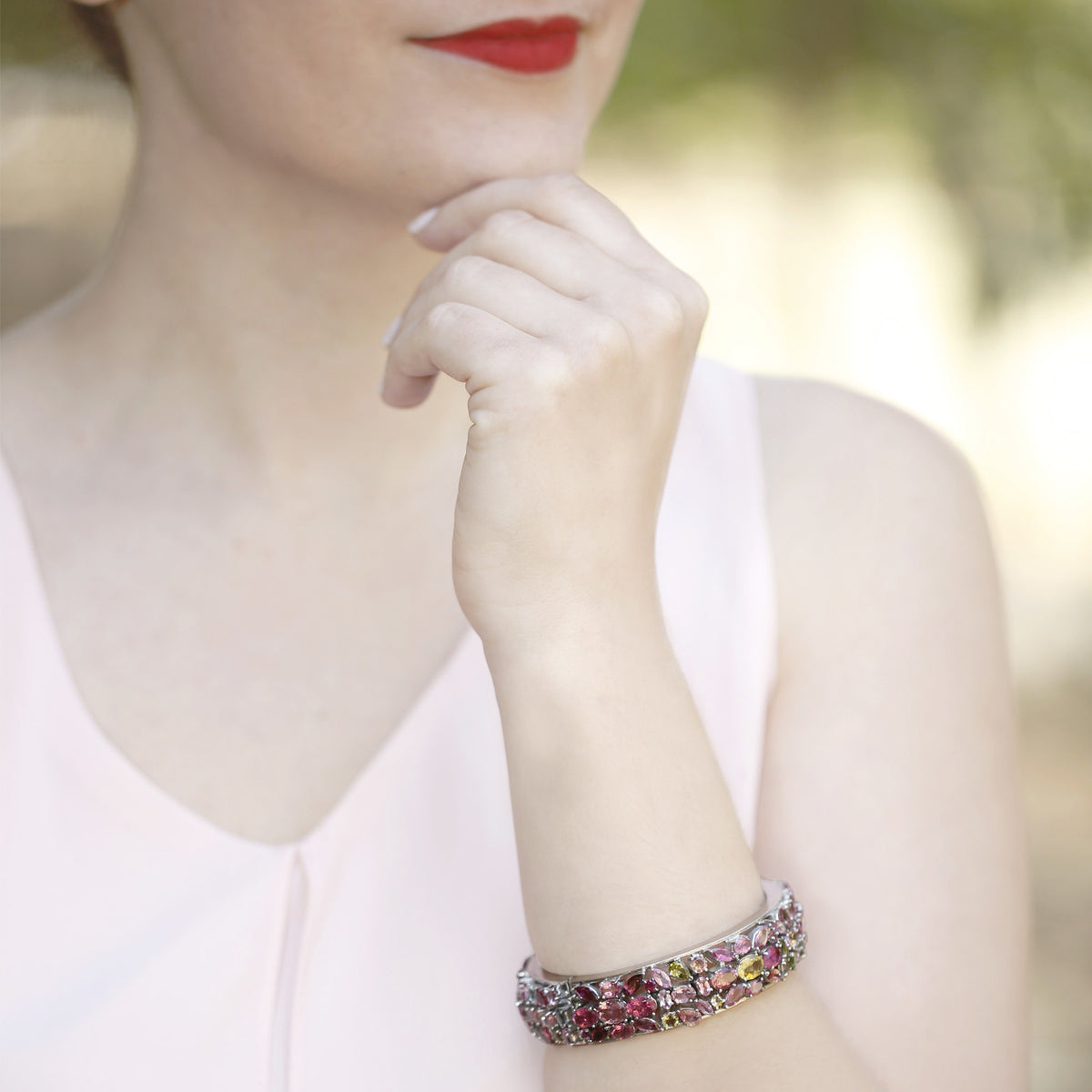 Silver Bangle with Multi Colored Tourmalines