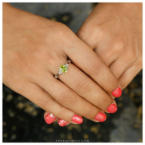 peridot ring silver with diamond shoulders 925 sterling silver