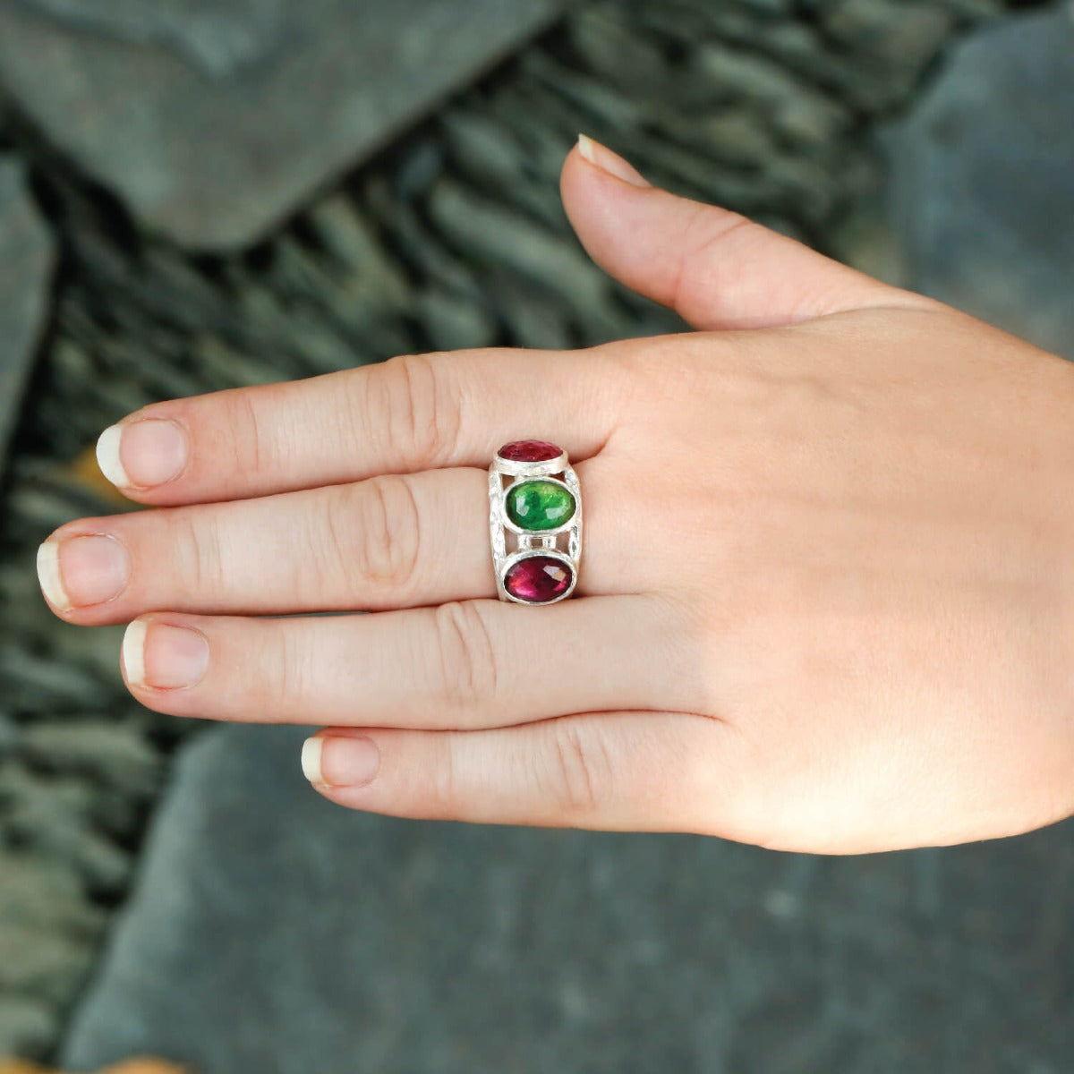 Enthralling multi shaped silver tourmaline ring