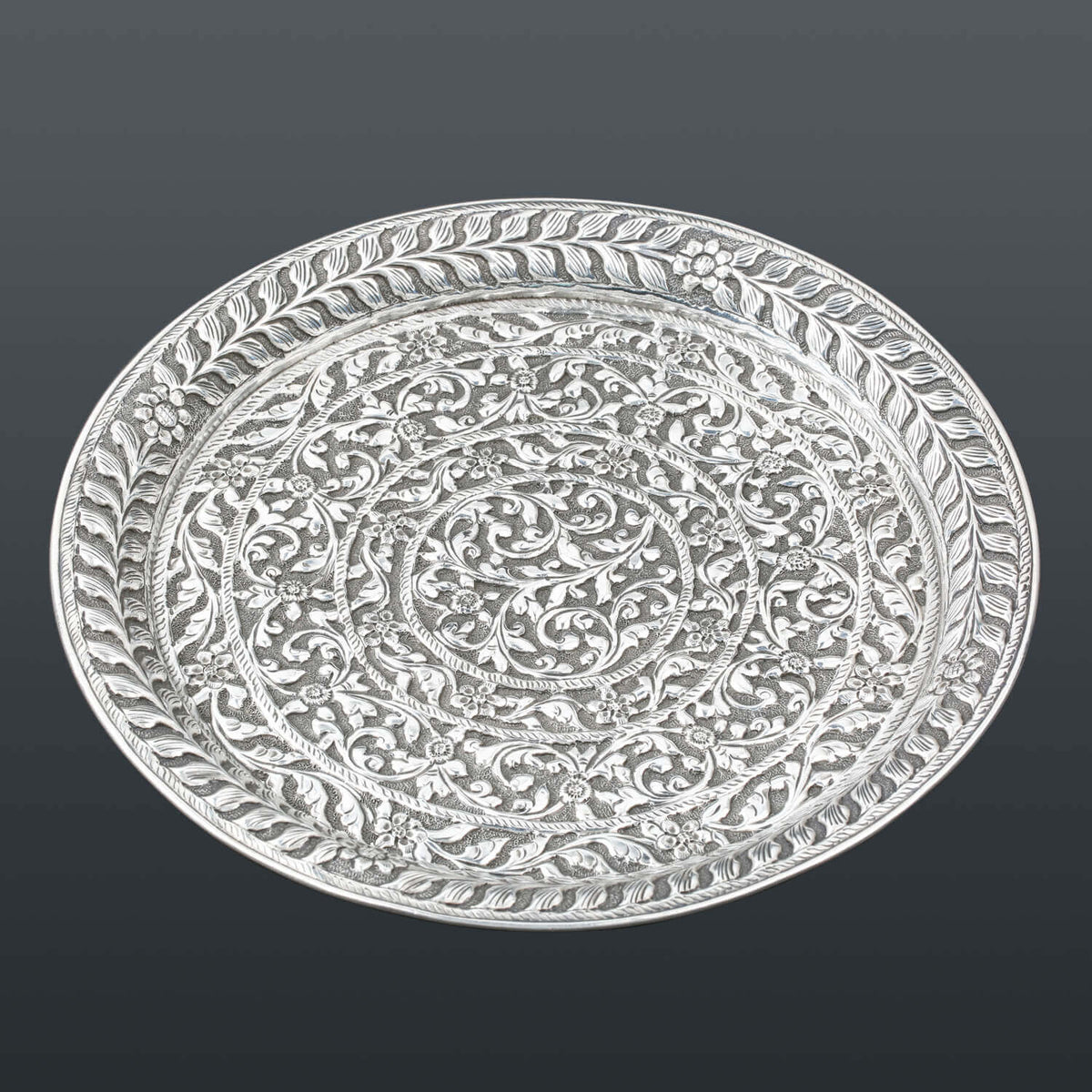 silver plates, sterling silver plates, floral plates, decor, decoration, tableware, handmade, handcrafted, Festival, Showpiece, Gifts, Gifting, Large plate, small plate, silver tray, large tray, small tray, Hand-etched Scrollwork Plate with Plain Rim, Qua