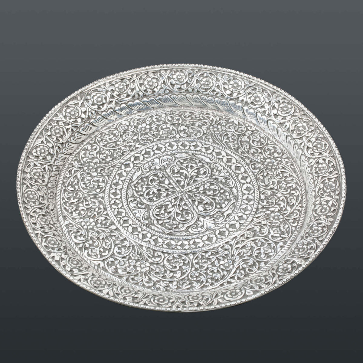 silver plates, sterling silver plates, floral plates, decor, decoration, tableware, handmade, handcrafted, Festival, Showpiece, Gifts, Gifting, Large plate, small plate, silver tray, large tray, small tray, Hand-etched Scrollwork Plate with Plain Rim, Qua