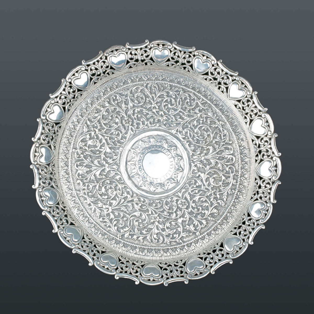 silver plates, sterling silver plates, floral plates, decor, decoration, tableware, handmade, handcrafted, Festival, Showpiece, Gifts, Gifting, Large plate, small plate, silver tray, large tray, small tray, Hand-etched Scrollwork Plate with Plain Rim, Qua