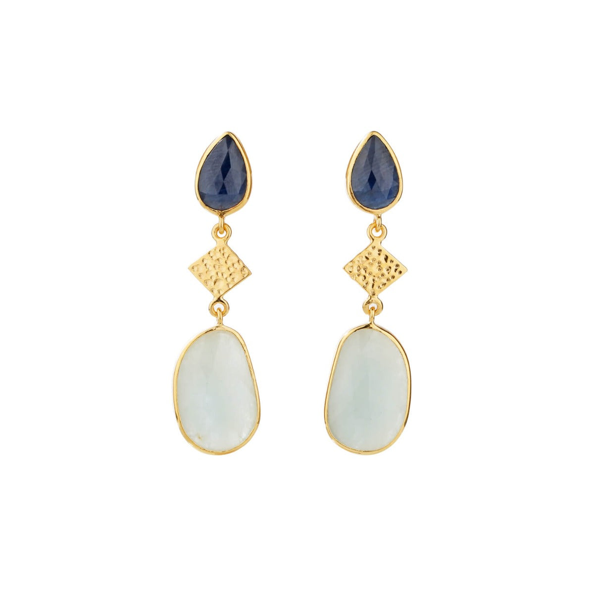 Gold plated yellow and blue sapphire teardrop earrings