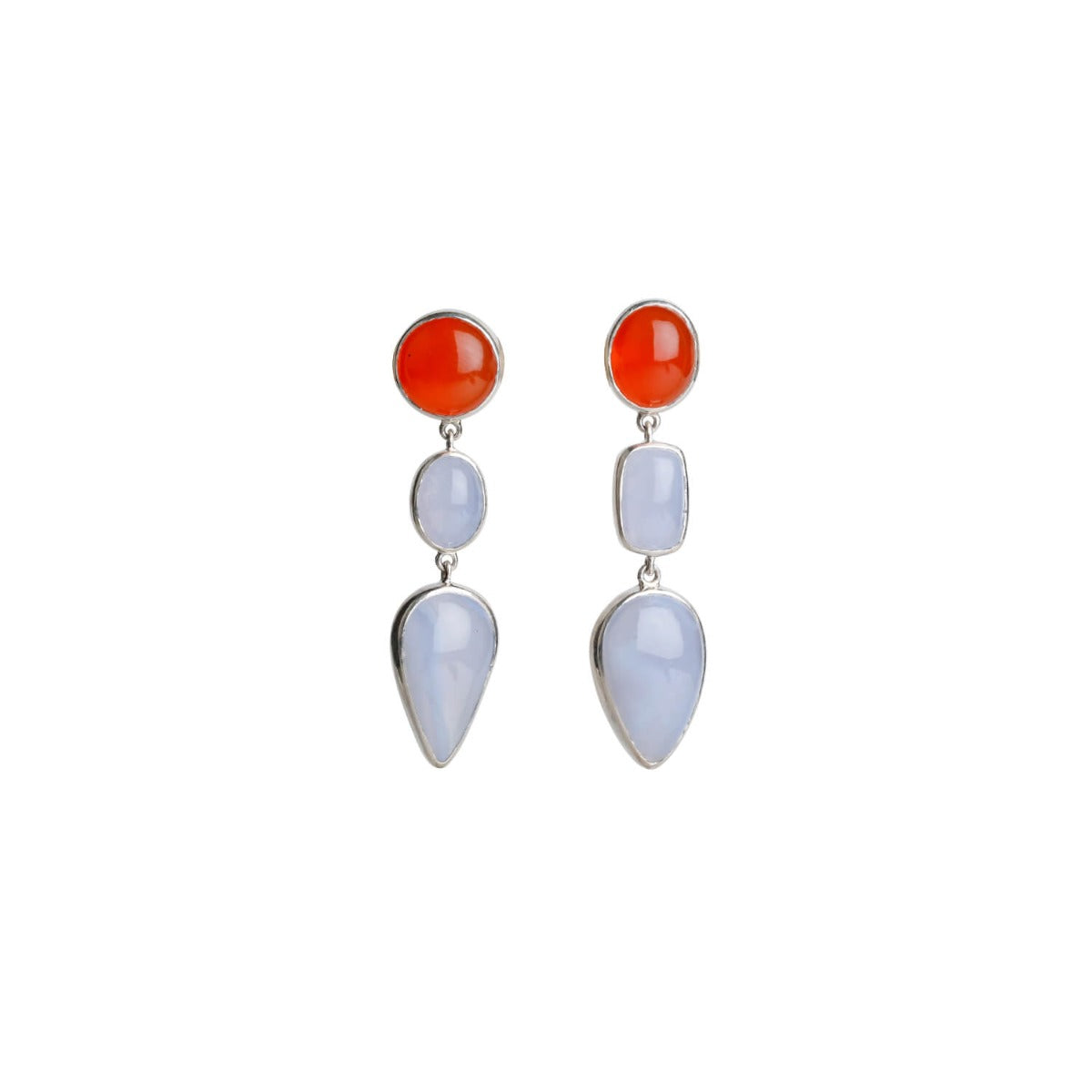 silver earrings, sterling silver earrings, carnelian earrings, chalcedony earrings, carnelian & chalcedony earrings, orange earrings, blue earrings, orange & blue silver earrings