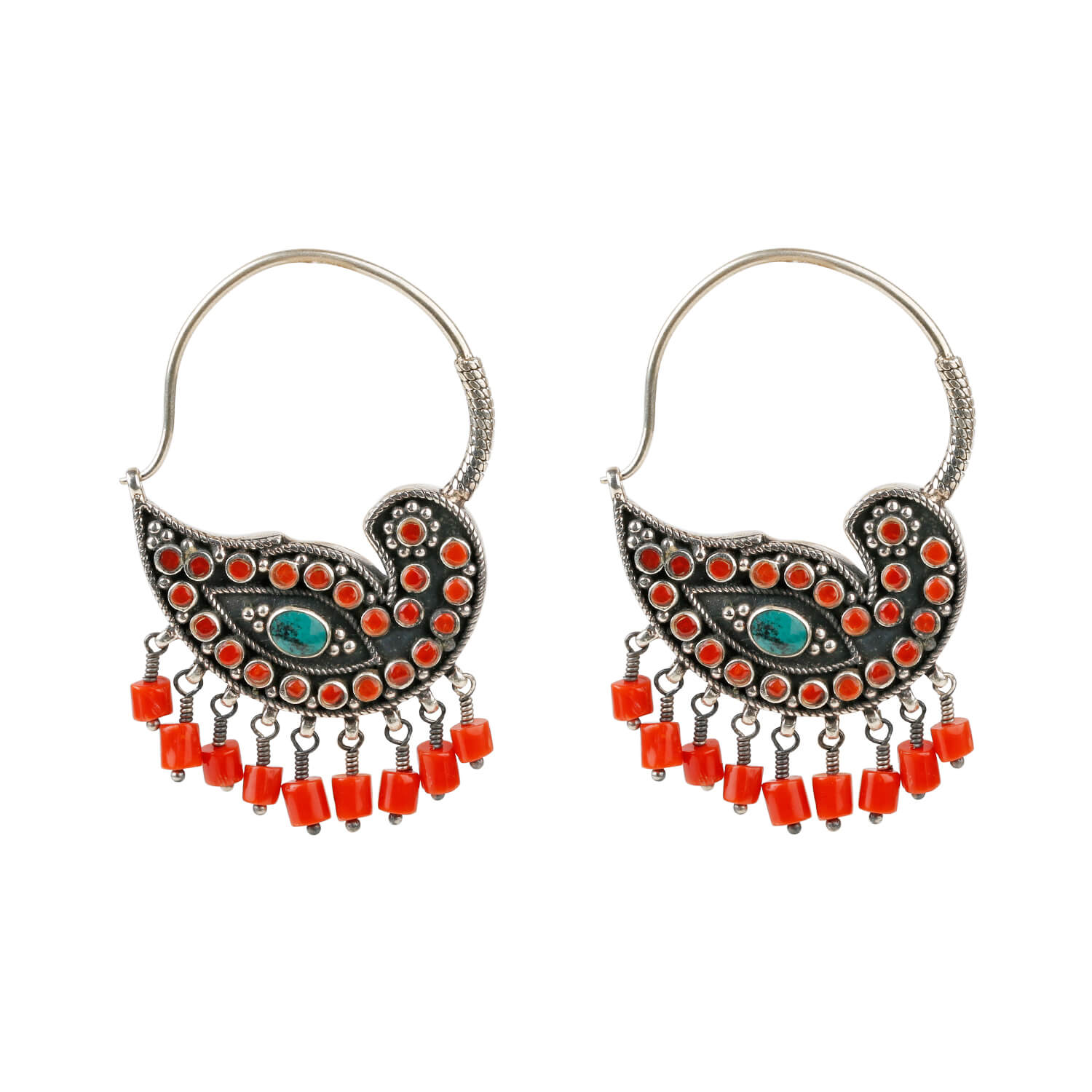 Peacock Turquoise and Coral Boho Sterling 925 Silver Earrings