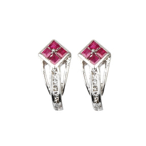 Silver Earrings with Diamond and Ruby Rhombus