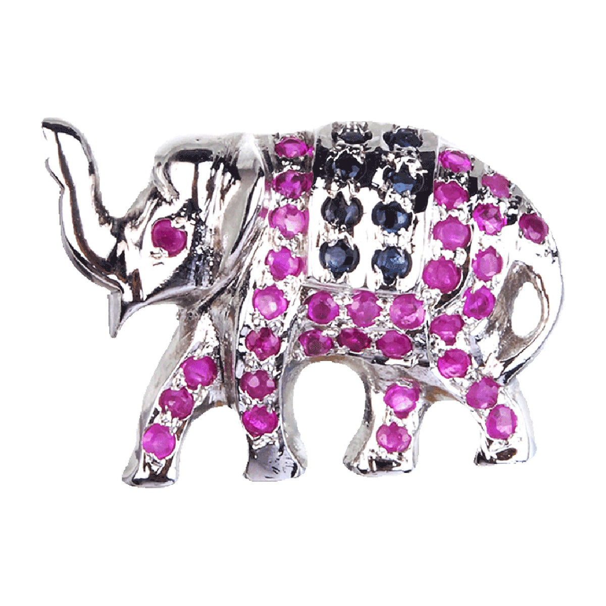 Silver Pendant/Brooch with Blue Sapphire and Ruby Elephant,  long earrings, small earrings, hoops, drops, danglers, studs, stud earrings, Handcuff, Red onyx, Black onyx, Silver Necklaces, Buy jewellery online, Earrings, Rings, Bangles, Pendants, And Ankle