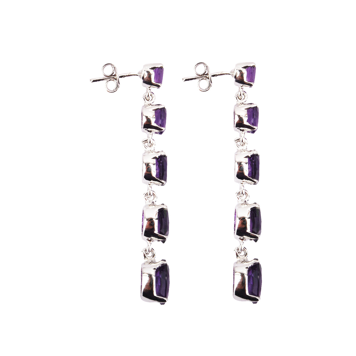 Faceted oval amethyst studded long silver earrings