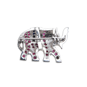 Pave set blue sapphires and rubies in elephant silver brooch
