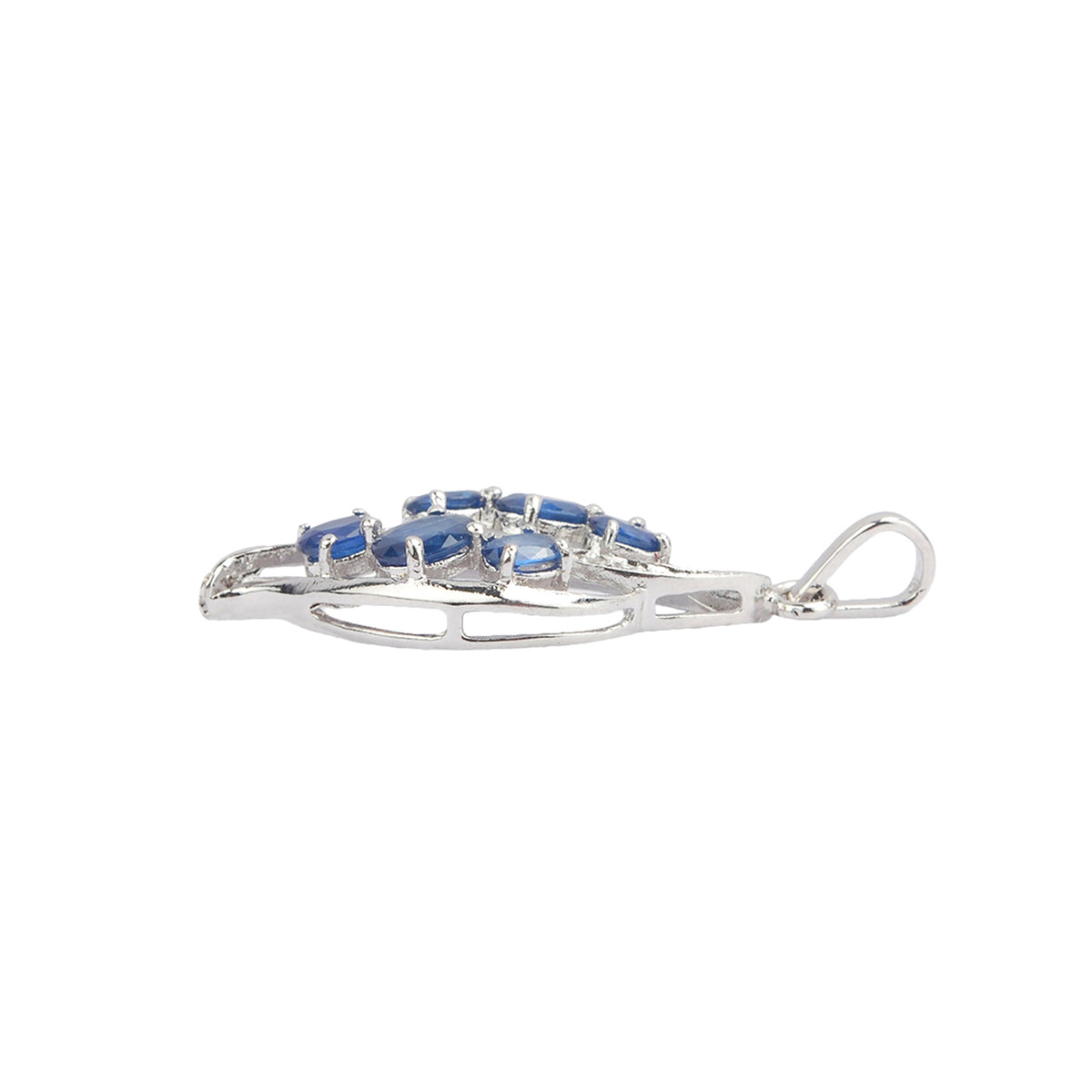 Pave diamonds and oval cut sapphire in silver leaf pendant
