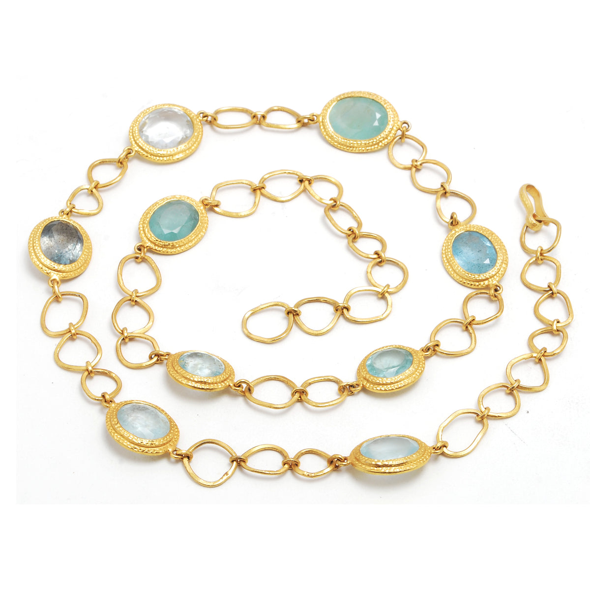 Gold plated silver necklace with links and faceted aquamarines 