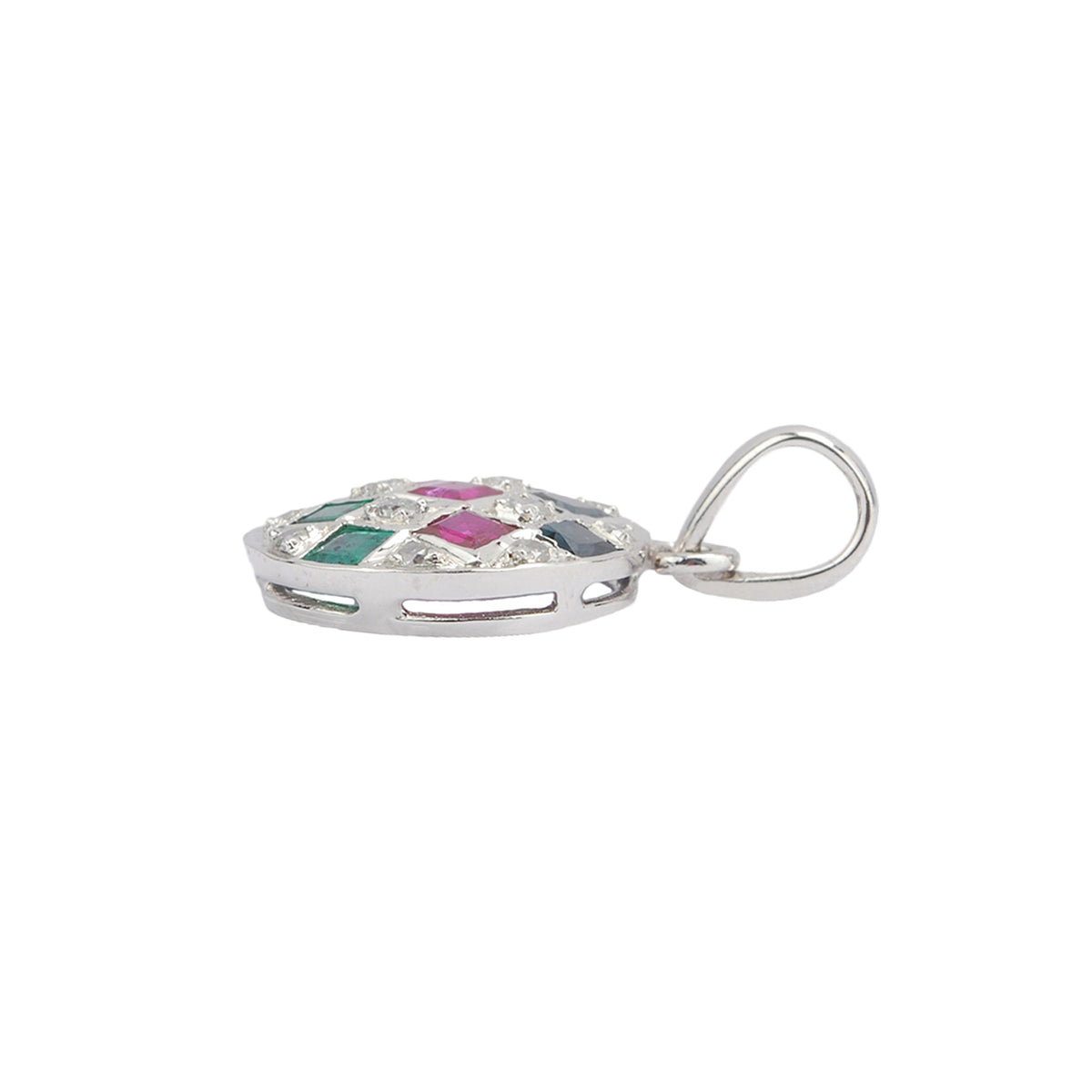 Emerald ruby sapphire and diamond studded silver pendant